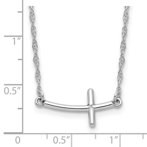 925 Sterling Silver Rhodium-plated Small Sideways Curved Cross Necklace - Picture 5 of 5